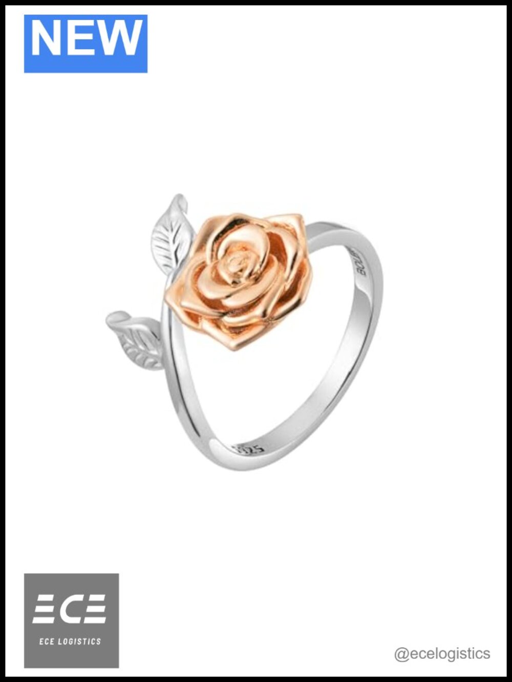 Sterling Silver 18K Rose Gold Plated Adjustable Flower Rose Ring